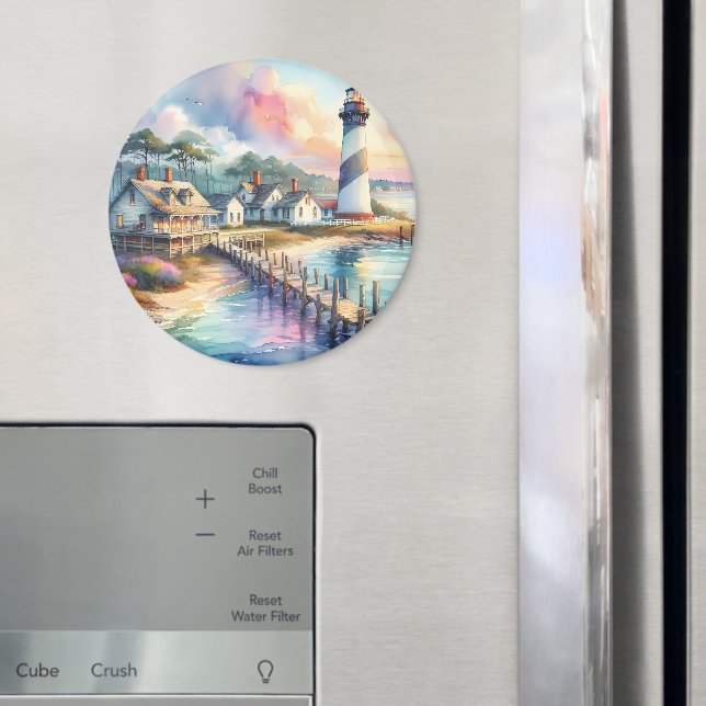 Coastal Lighthouse & Beach Cottages Scene Magnet (In Situ (Fridge))