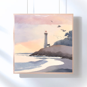 Coastal Lighthouse Beach Watercolor Painting Poster