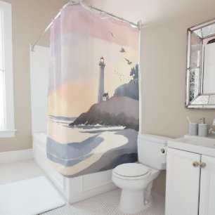 Coastal Lighthouse   Beach Watercolor Painting Shower Curtain