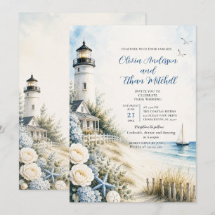 Coastal Lighthouse Beach Wedding Invitation
