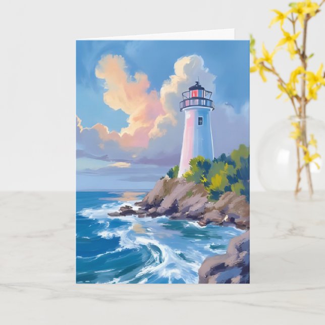 Coastal Lighthouse | Blue Ocean Waves Sea Card (Yellow Flower)