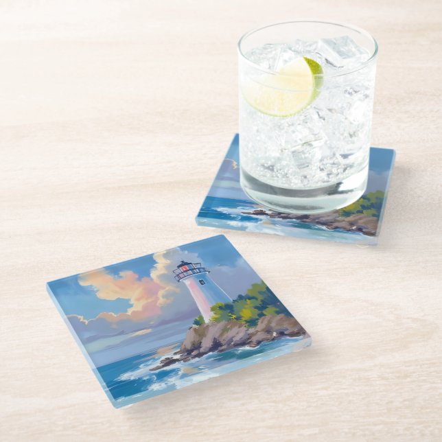 Coastal Lighthouse | Blue Ocean Waves Sea Glass Coaster (Angled)