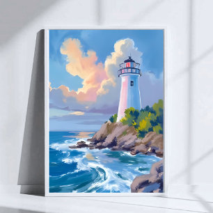 Coastal Lighthouse   Blue Ocean Waves Sea Poster
