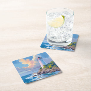 Coastal Lighthouse Blue Ocean Waves Sea Square Paper Coaster