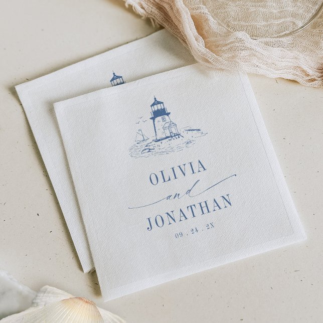 Coastal Lighthouse Blue Toile Wedding Napkin (Creator Uploaded)