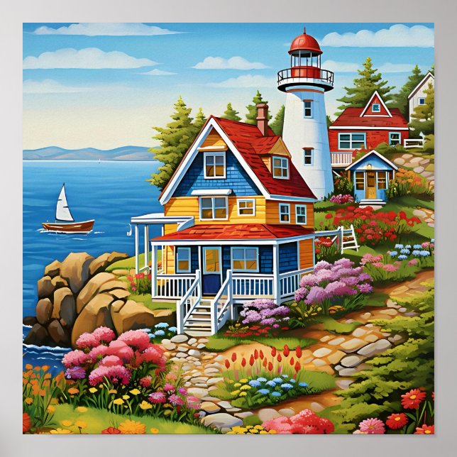 Coastal Lighthouse Cottage Ocean View Art Poster (Front)