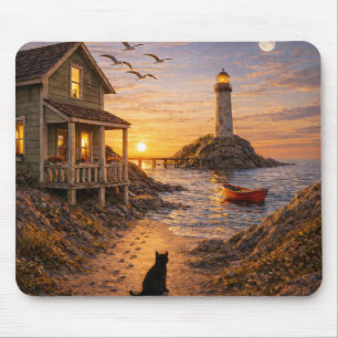 Coastal Lighthouse Cottage Sunset Cat Scene Mouse Mat