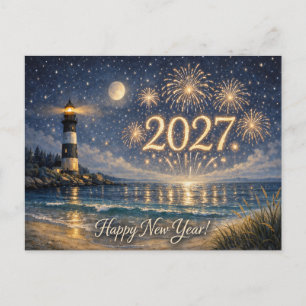 Coastal Lighthouse Fireworks Happy New Year 2027 Holiday Postcard