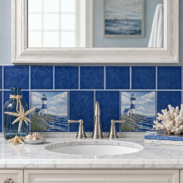 Coastal Lighthouse Nautical Blue & White Tile