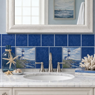 Coastal Lighthouse Nautical Blue & White Tile
