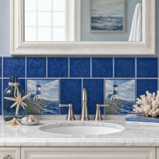 Coastal Lighthouse Nautical Blue & White  Tile