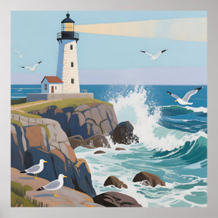 Coastal Lighthouse Ocean Waves Seagulls Poster