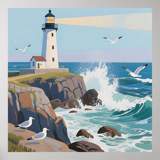 Coastal Lighthouse Ocean Waves Seagulls Poster (Front)