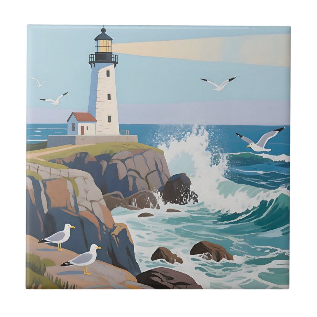 Coastal Lighthouse Ocean Waves Seagulls Tile (Front)