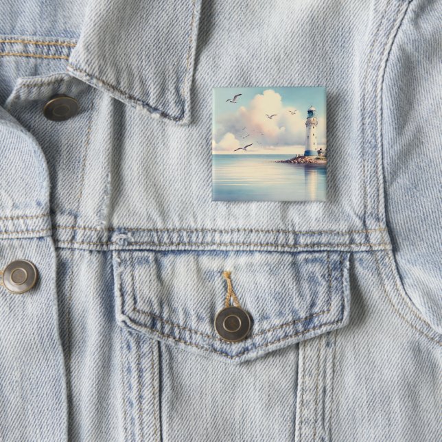 Coastal Lighthouse Seagulls Pastel Sky Serenity 15 Cm Square Badge (In Situ)