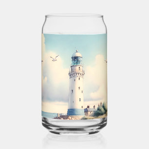 Coastal Lighthouse Seagulls Pastel Sky Serenity Can Glass