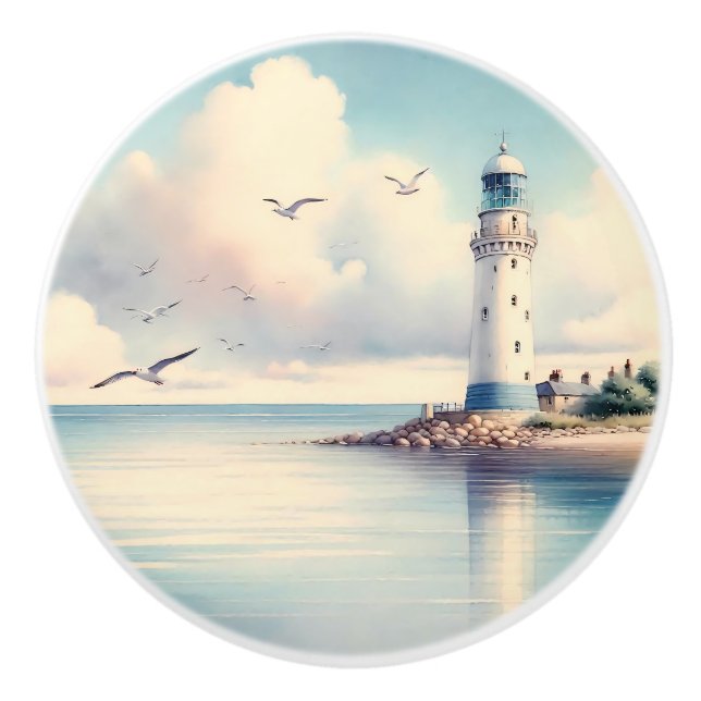 Coastal Lighthouse Seagulls Pastel Sky Serenity Ceramic Knob (Front)