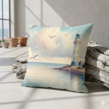 Coastal Lighthouse Seagulls Pastel Sky Serenity