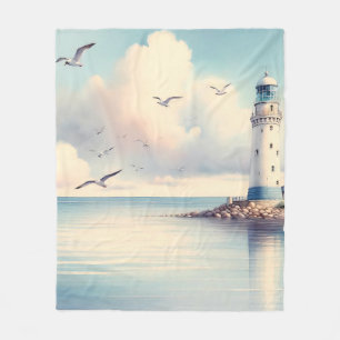 Coastal Lighthouse Seagulls Pastel Sky Serenity Fleece Blanket