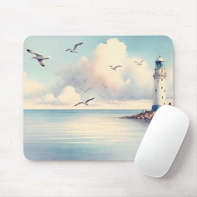 Coastal Lighthouse Seagulls Pastel Sky Serenity Mouse Mat (With Mouse)