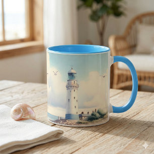 Coastal Lighthouse Seagulls Pastel Sky Serenity Mug