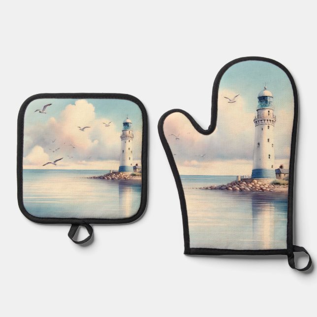 Coastal Lighthouse Seagulls Pastel Sky Serenity Oven Mitt & Pot Holder Set (Front)