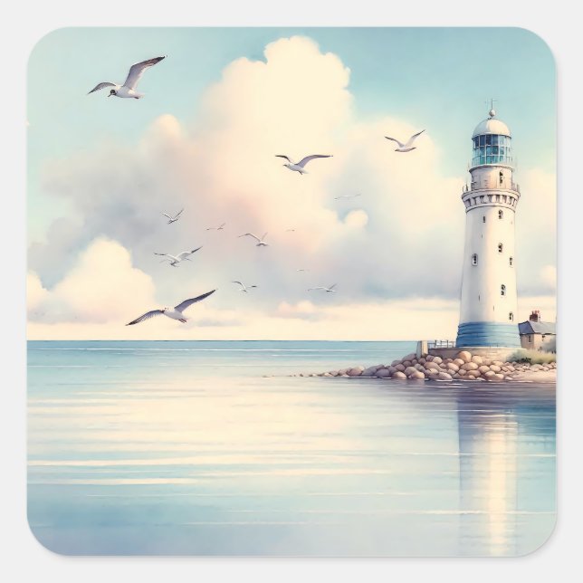 Coastal Lighthouse Seagulls Pastel Sky Serenity Square Sticker (Front)