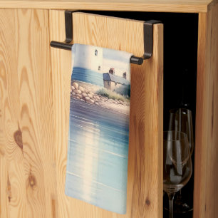 Coastal Lighthouse Seagulls Pastel Sky Serenity Tea Towel