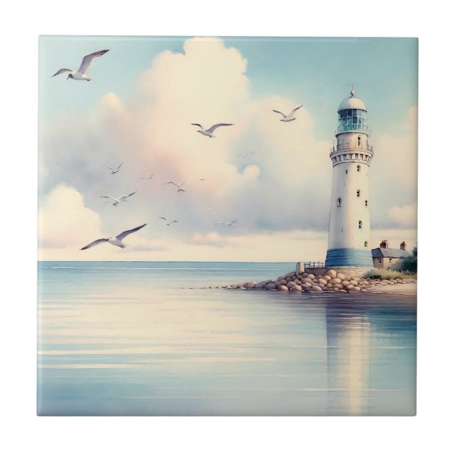 Coastal Lighthouse Seagulls Pastel Sky Serenity Tile (Front)