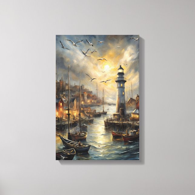 Coastal Lighthouse & Seaside Village Sunset Art Canvas Print (Front)
