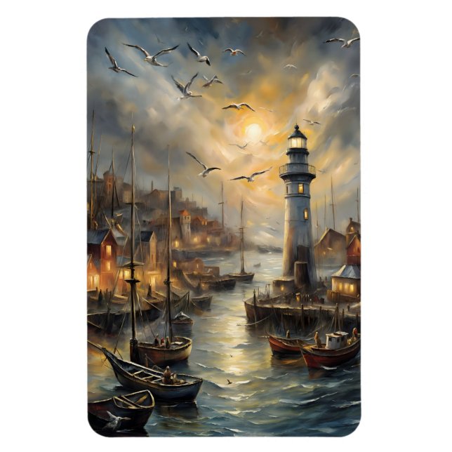 Coastal Lighthouse & Seaside Village Sunset Art Magnet (Vertical)
