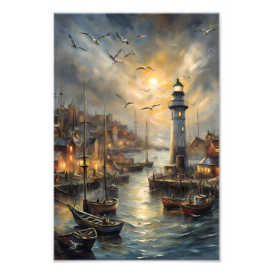 Coastal Lighthouse & Seaside Village Sunset Art Photo Print