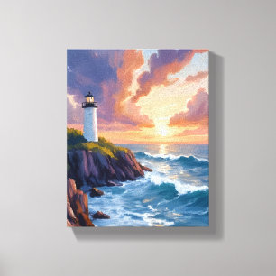 Coastal Lighthouse Sunset   Beach Ocean Painting Canvas Print