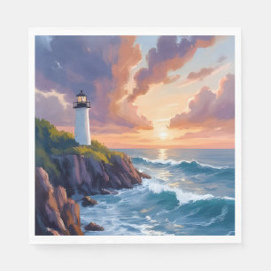 Coastal Lighthouse Sunset Beach Ocean Painting Napkin