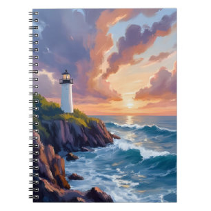 Coastal Lighthouse Sunset   Beach Ocean Painting Notebook