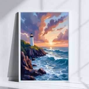 Coastal Lighthouse Sunset Beach Ocean Painting Poster