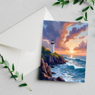 Coastal Lighthouse Sunset Beach Painting Card