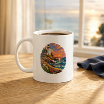Coastal Lighthouse Sunset Ocean Art Mug