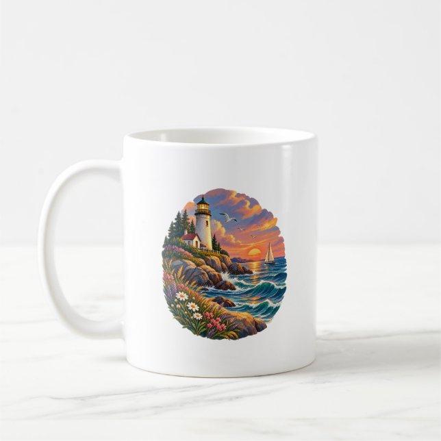 Coastal Lighthouse Sunset Ocean Art Mug (Left)