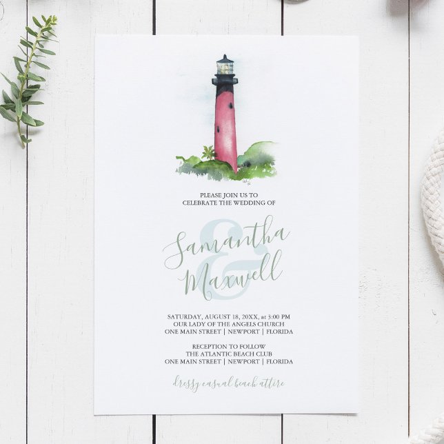Coastal Lighthouse Watercolor Wedding Invitation (Beach wedding invitation ocean and lighthouse watercolor art by Victoria Grigaliunas)