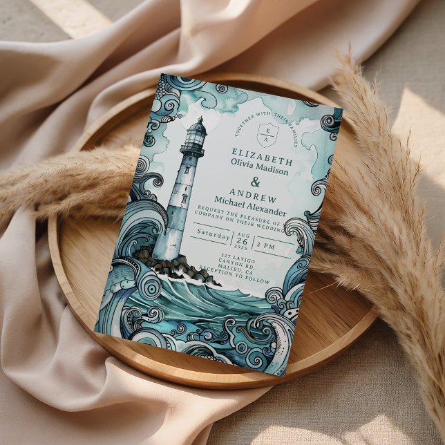 Coastal Lighthouse Wave Wedding Invitation (Creator Uploaded)