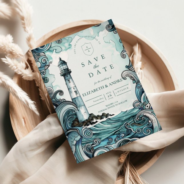 Coastal Lighthouse Wave Wedding Save The Date (Creator Uploaded)
