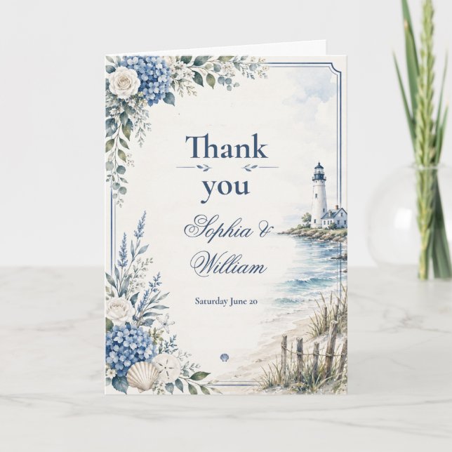 Coastal Lighthouse Wedding Thank You Card (Front)