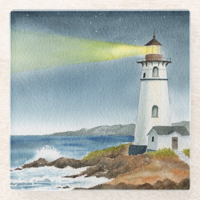 Coastal Lighthouse with Light Beam Glass Coaster (Front)