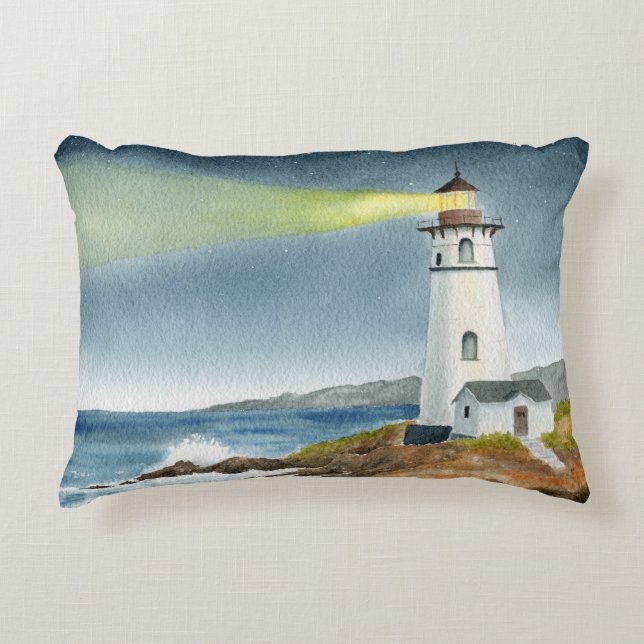 Coastal Lighthouse with Light Beam Postcard Decorative Cushion (Front)