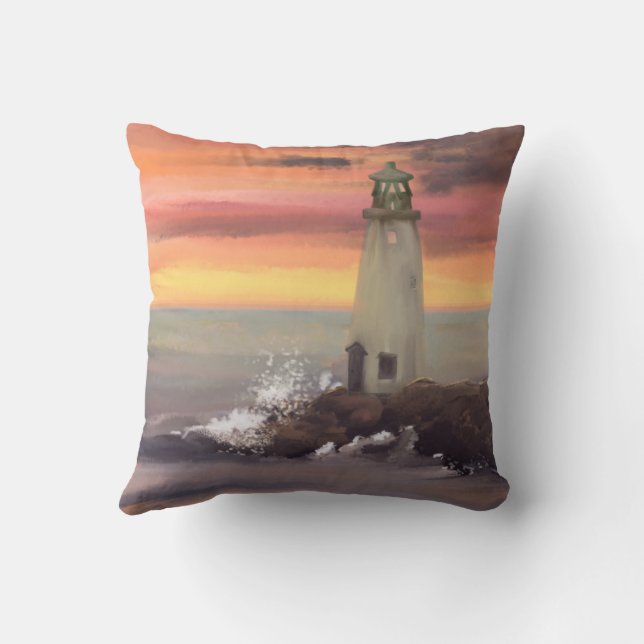Coastal Lighthouse With Pink And Orange Sky Cushion (Back)