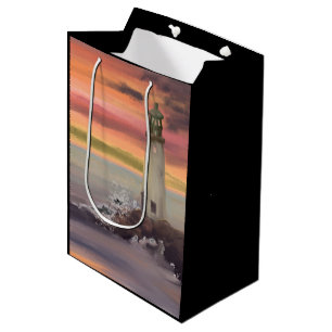 Coastal Lighthouse With Pink And Orange Sky Medium Gift Bag