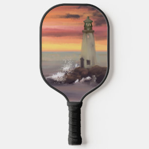 Coastal Lighthouse With Pink And Orange Sky Pickleball Paddle