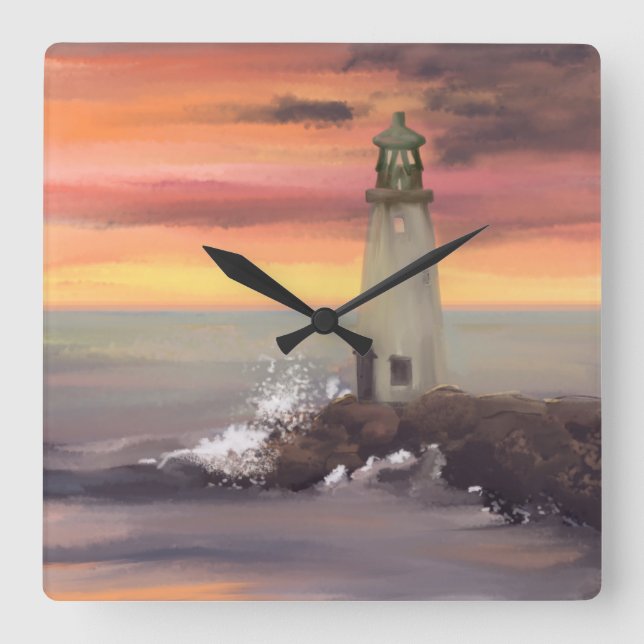 Coastal Lighthouse With Pink And Orange Sky Square Wall Clock (Front)