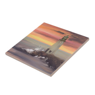 Coastal Lighthouse With Pink And Orange Sky Tile
